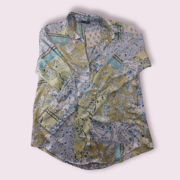 Zara Satin Patchwork Paisley Button Shirt - Picture 2 of 9